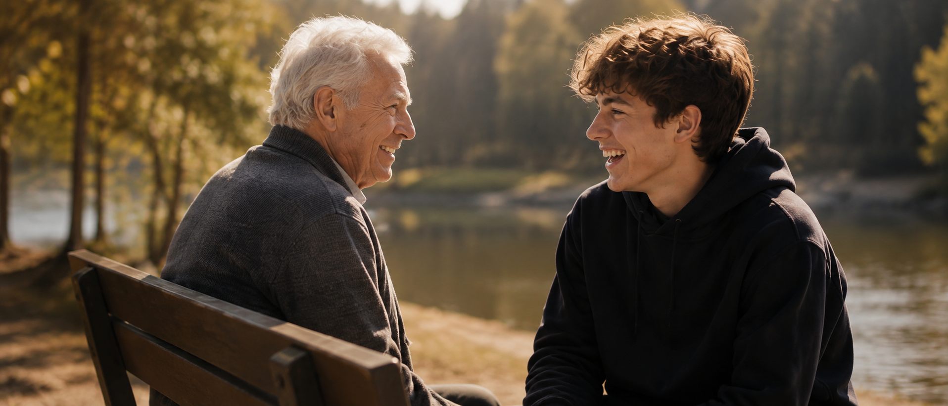 Un abuelo y su nieto conversando en una banca junto a un río