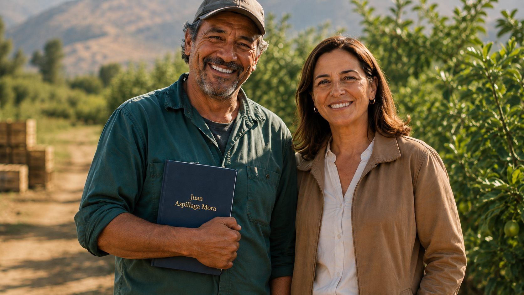 Una pareja en el campo sosteniendo su libro de memorias